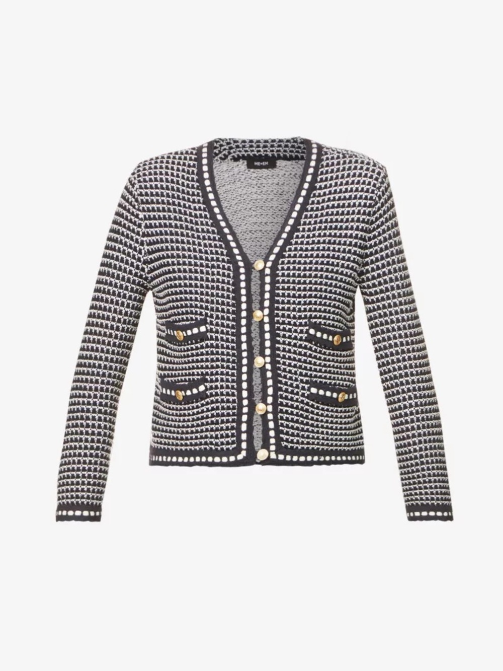 ME+EM Slim-Fit Bouclé Knit Blazer Navy Cream Gold Buttons UK 10 US 6